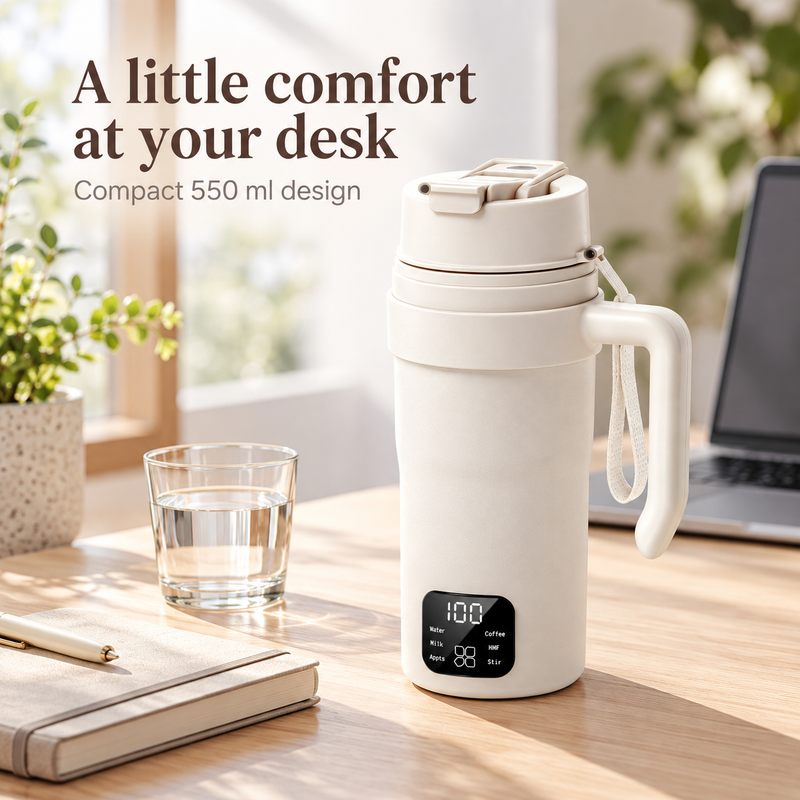 Compact 550 ml electric kettle cup with handle and wrist strap on a home-office desk