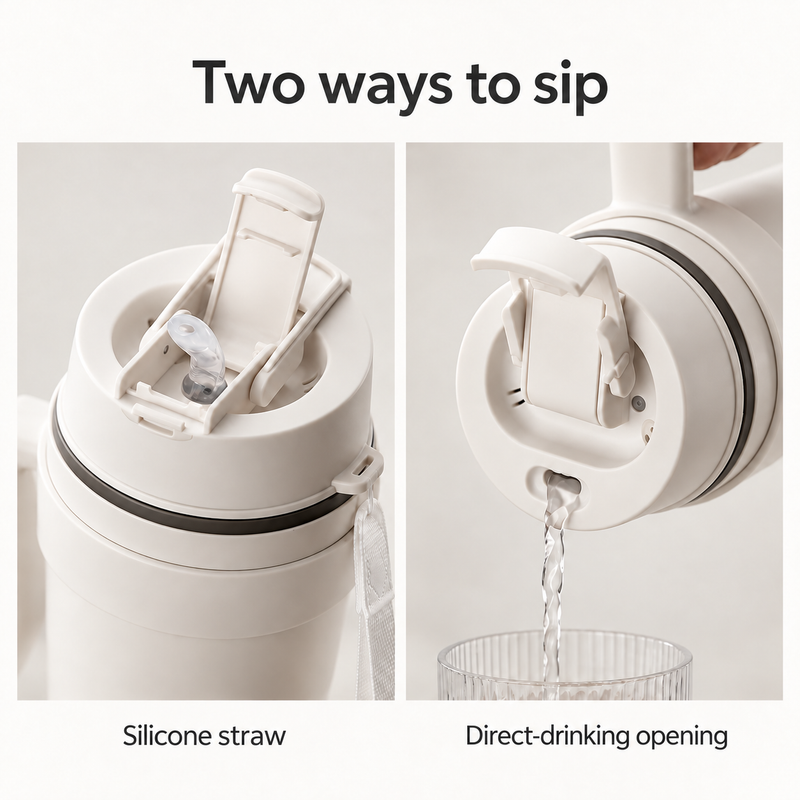 Close-up of the silicone straw and direct-drinking opening on the cup lid