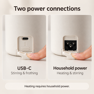 USB-C port for stirring and frothing alongside the household power inlet for heating and stirring