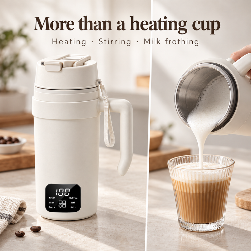 Ivory electric heating cup and milk foam being poured from its stainless steel rim