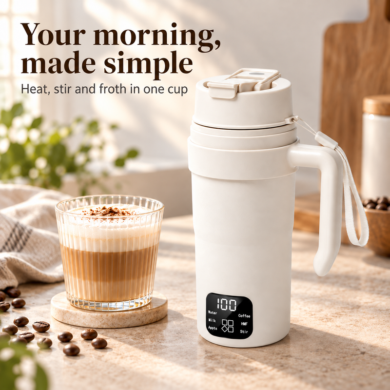Yozcoffee ivory electric heating cup beside a latte on a kitchen counter