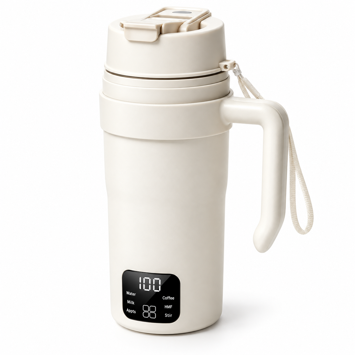 Ivory 550 ml electric kettle cup with removable handle and dual-drinking lid on a white background