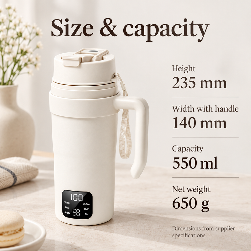 Electric cup specifications: 235 mm height, 140 mm width with handle, 550 ml capacity and 650 g net weight