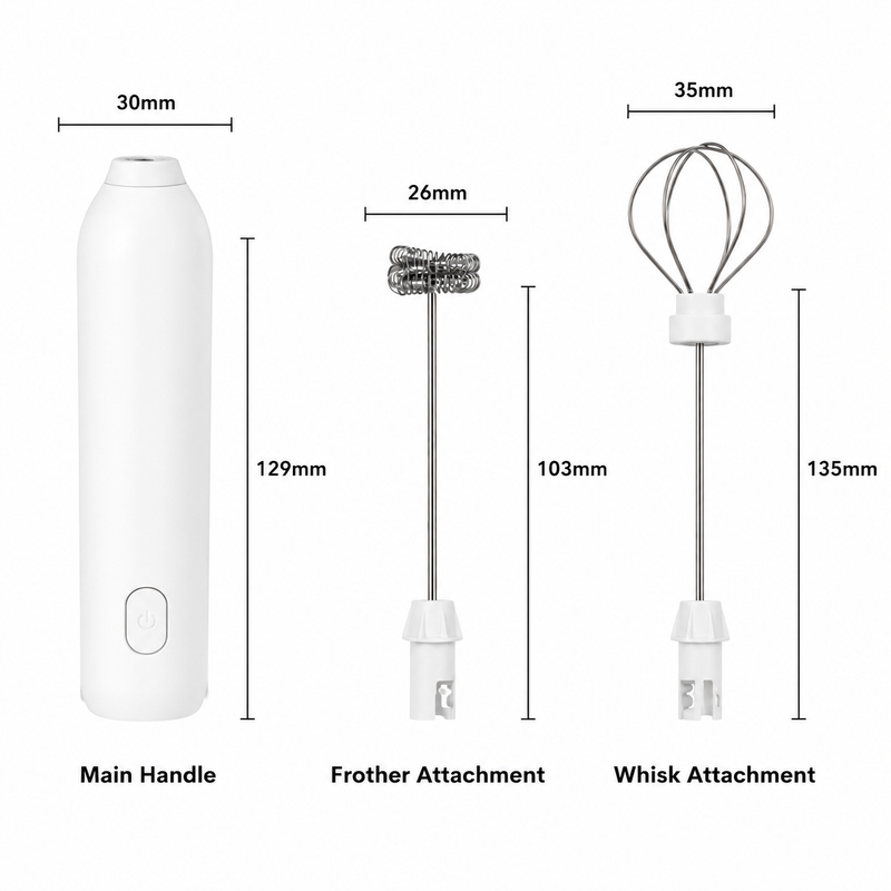 Yozcoffee milk frother main handle, frother attachment, and whisk attachment shown with dimensions in millimeters