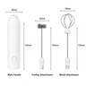 Yozcoffee milk frother main handle, frother attachment, and whisk attachment shown with dimensions in millimeters