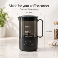 Electric milk frother with supplier dimensions of 134 mm across and 178 mm in height