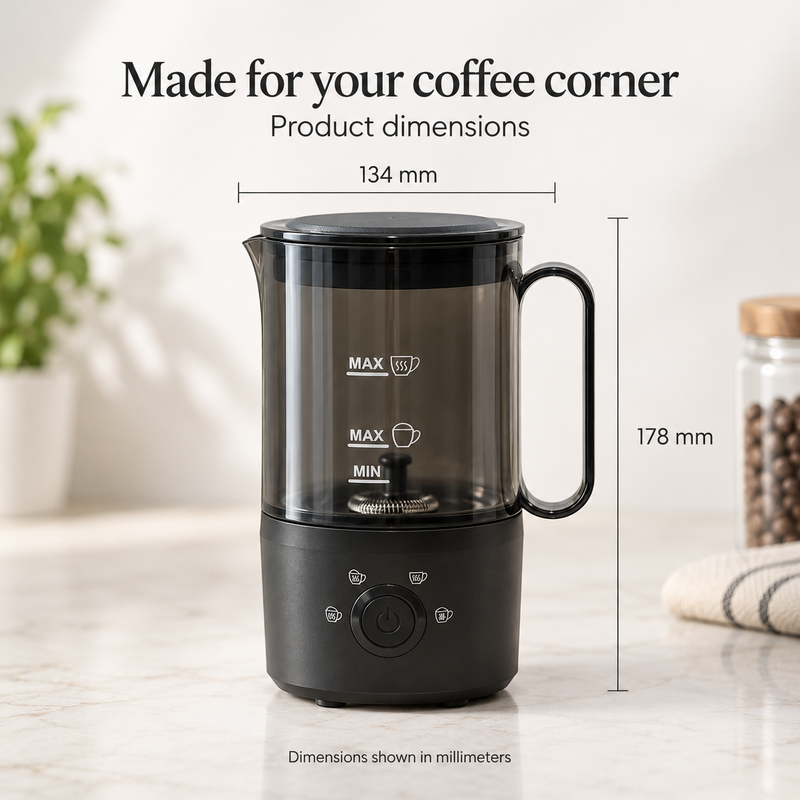 Electric milk frother with supplier dimensions of 134 mm across and 178 mm in height