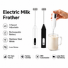 Yozcoffee Electric Milk Frother in white and black showing 3-speed adjustable motor, rechargeable battery, stainless steel whisk, and low-noise operation features