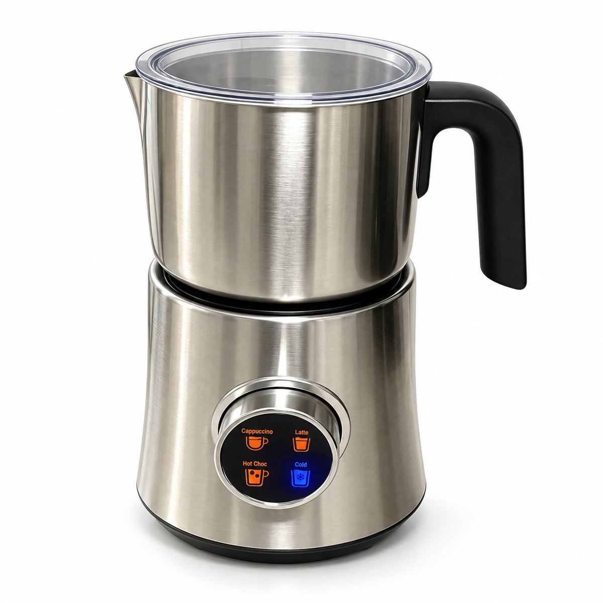 Silver electric milk frother with detachable stainless steel jug on a white background