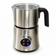 Silver electric milk frother with detachable stainless steel jug on a white background