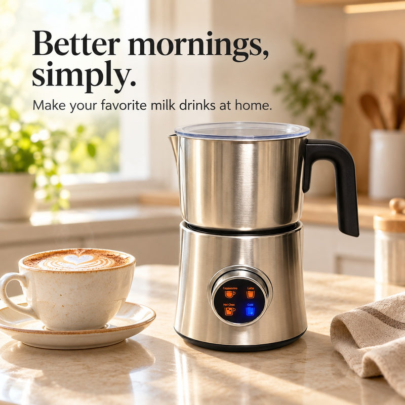 Silver countertop milk frother beside a cappuccino in a bright kitchen
