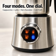 Four-mode rotary dial on the silver electric milk frother
