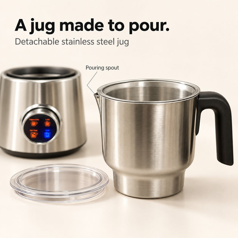 Detachable stainless steel milk frother jug with handle and pouring spout