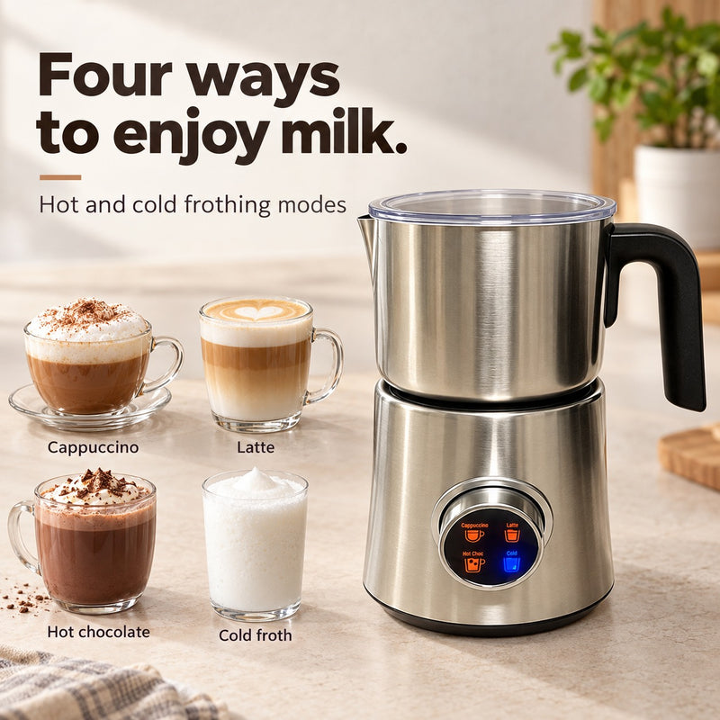 Cappuccino, latte, hot chocolate and cold froth modes on the electric milk frother