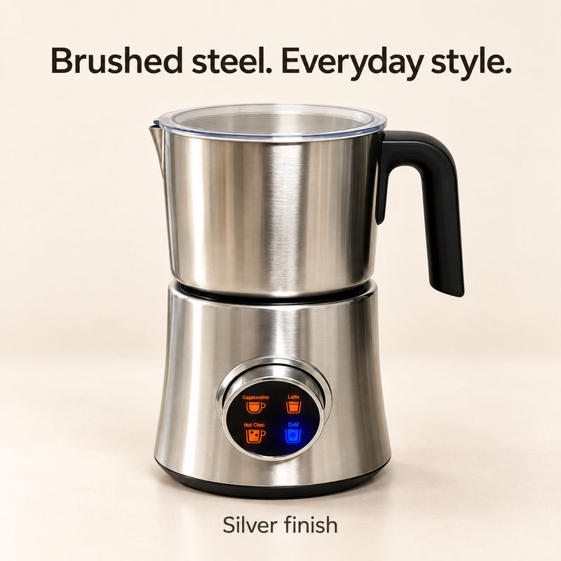 Single silver milk frother with brushed steel finish