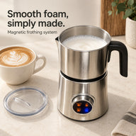 Silver milk frother with magnetic frothing system and clear removable lid