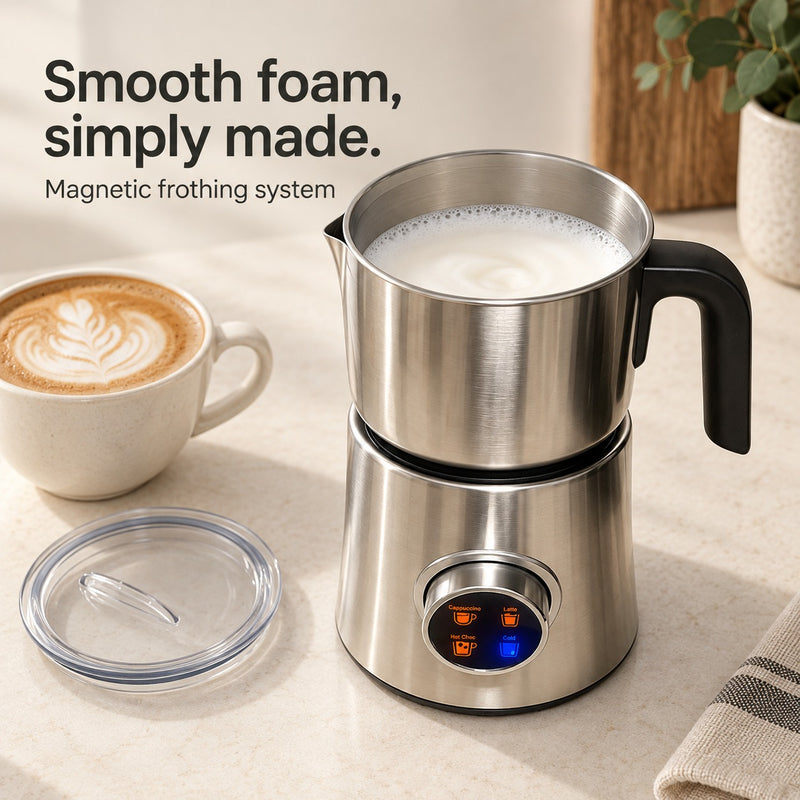 Silver milk frother with magnetic frothing system and clear removable lid