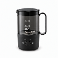 Black Yozcoffee electric milk frother and warmer with transparent pitcher, lid and handle on a white background