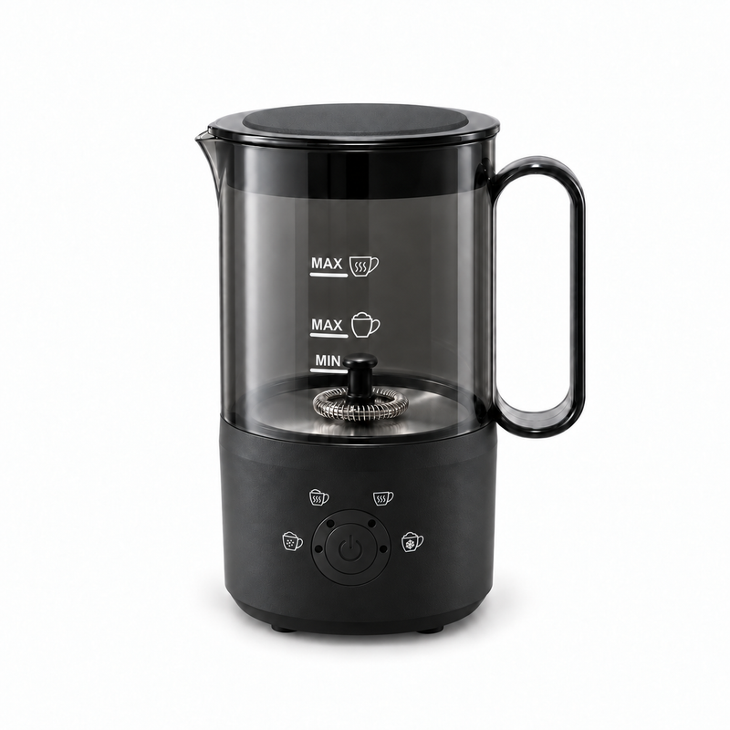 Black Yozcoffee electric milk frother and warmer with transparent pitcher, lid and handle on a white background