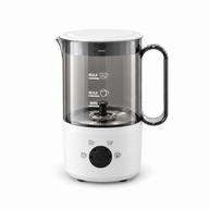 White Yozcoffee electric milk frother and warmer with transparent pitcher, lid and handle on a white background