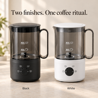 Yozcoffee electric milk frother and warmer shown in black and white finishes