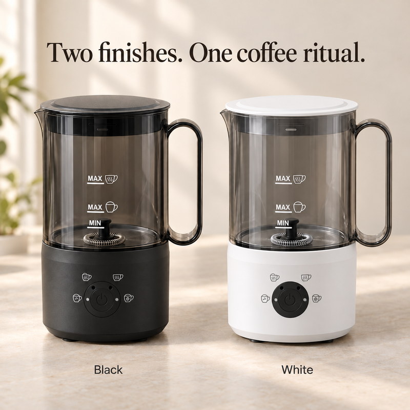 Yozcoffee electric milk frother and warmer shown in black and white finishes
