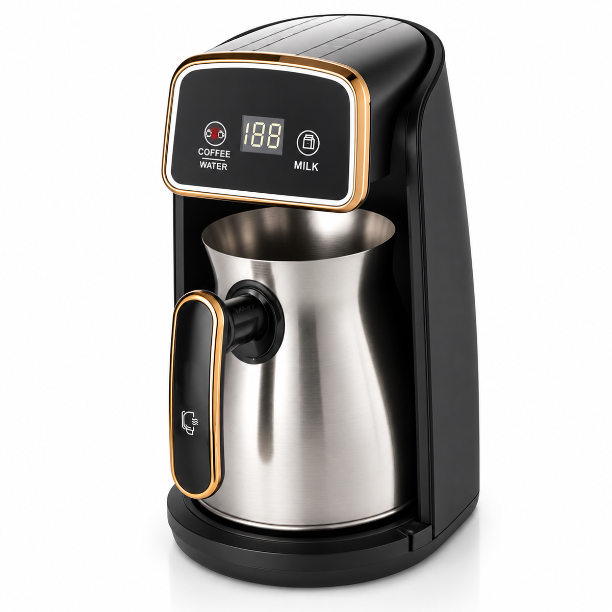 Electric Turkish coffee maker with removable metal pot and black gold-tone housing on a white background