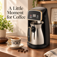 Electric Turkish coffee pot in a home coffee corner beside a coffee cup; cup not included