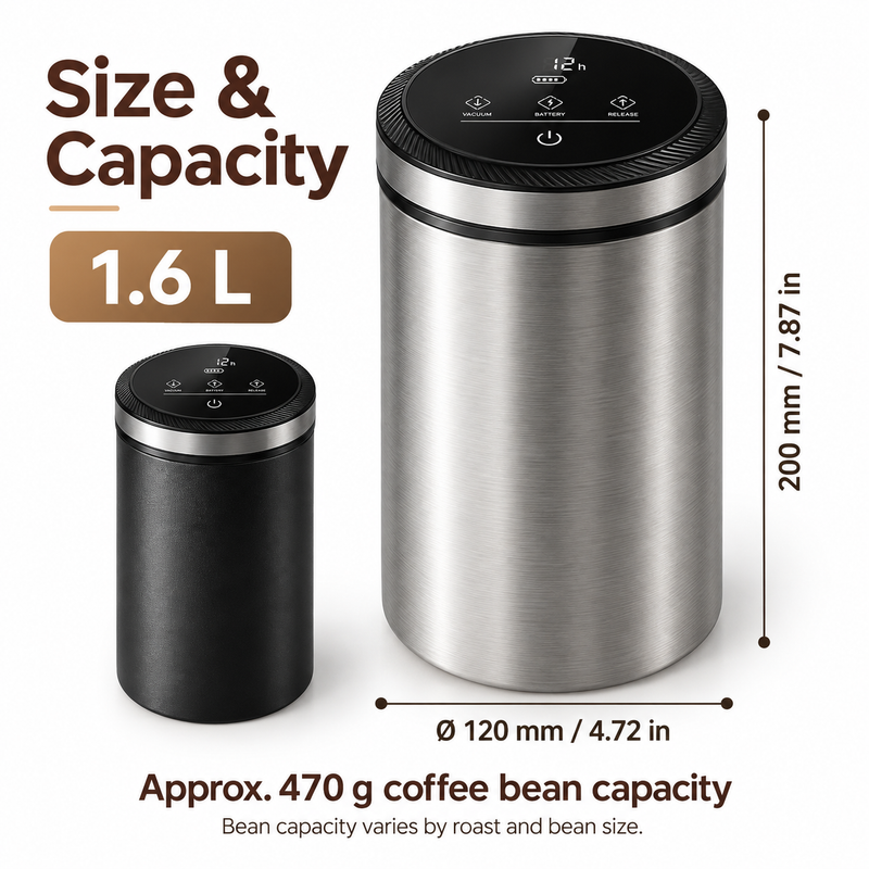 Electric Vacuum Coffee Canister – 1.6L Stainless Steel, Digital Touch Lid - imagen del producto