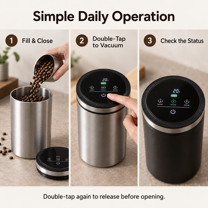 Electric Vacuum Coffee Canister – 1.6L Stainless Steel, Digital Touch Lid - imagen del producto