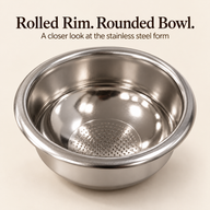 Rolled rim and curved interior of the Yozcoffee stainless steel espresso filter basket
