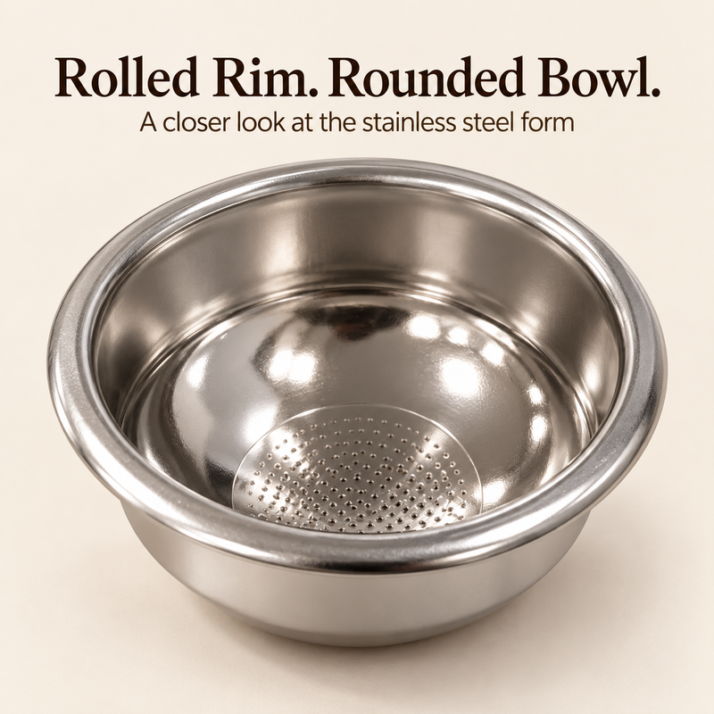 Rolled rim and curved interior of the Yozcoffee stainless steel espresso filter basket