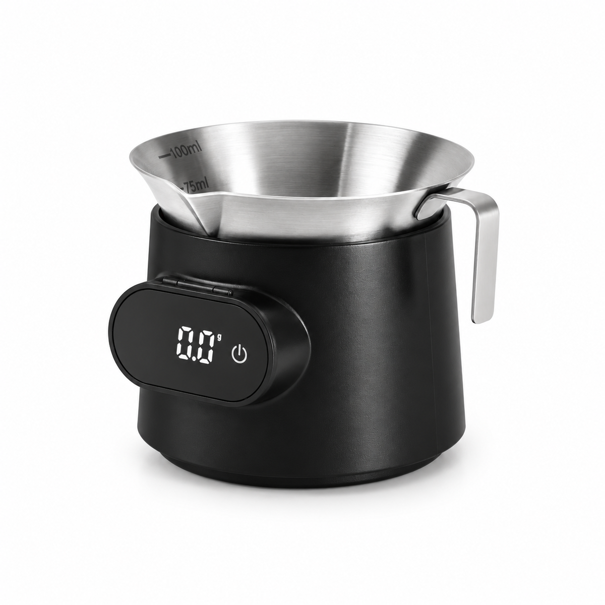 Yozcoffee black espresso cup scale with removable 100 mL stainless steel measuring cup on a white background
