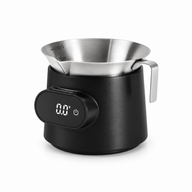 Yozcoffee black espresso cup scale with removable 100 mL stainless steel measuring cup on a white background