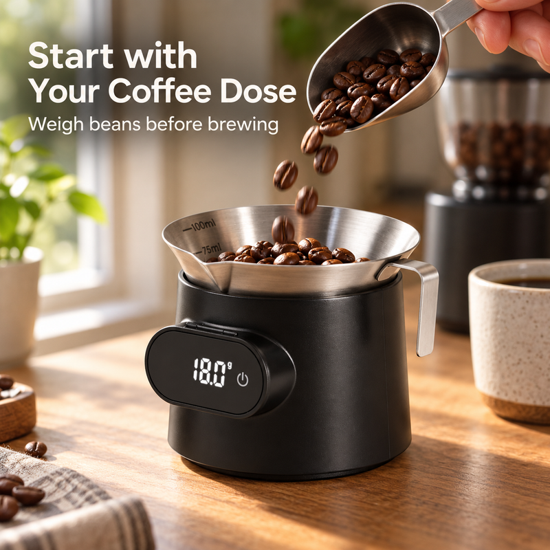 Coffee beans being weighed in the removable cup of the Yozcoffee espresso cup scale