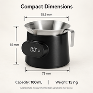 Yozcoffee cup scale dimensions showing 78.5 mm cup opening, 75 mm base, 65 mm height and 157 g weight