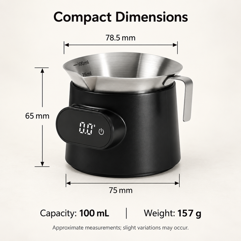 Yozcoffee cup scale dimensions showing 78.5 mm cup opening, 75 mm base, 65 mm height and 157 g weight