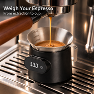 Espresso flowing into the 100 mL stainless steel cup on the Yozcoffee digital coffee scale