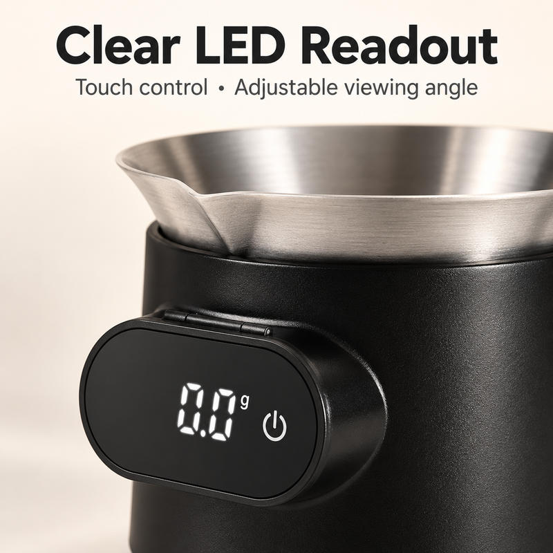 Close-up of the hinged LED weight display and touch power control on the Yozcoffee cup scale