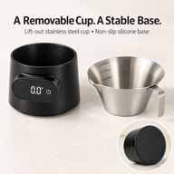 Yozcoffee weighing holder and separate 100 mL stainless steel cup with an inset of the silicone base