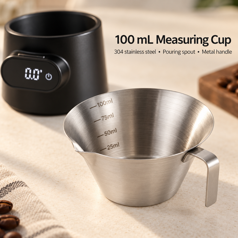 Removable 304 stainless steel measuring cup with 25, 50, 75 and 100 mL marks, pouring spout and handle