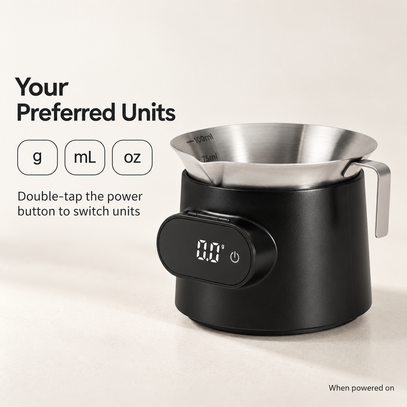 Yozcoffee espresso cup scale with g, mL and oz unit switching by double-tapping the power control