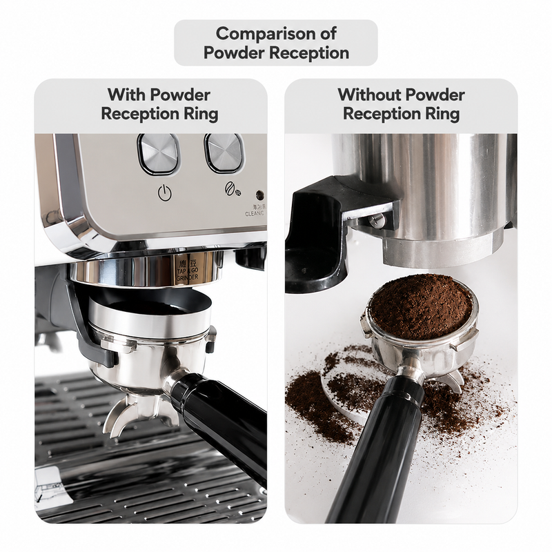 Comparison showing cleaner espresso dosing with the Yozcoffee magnetic espresso dosing funnel ring