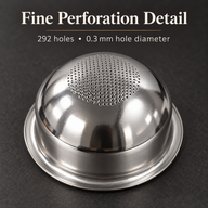 Close-up of the rounded basket underside with the central perforation area; specified as 292 holes of 0.3mm