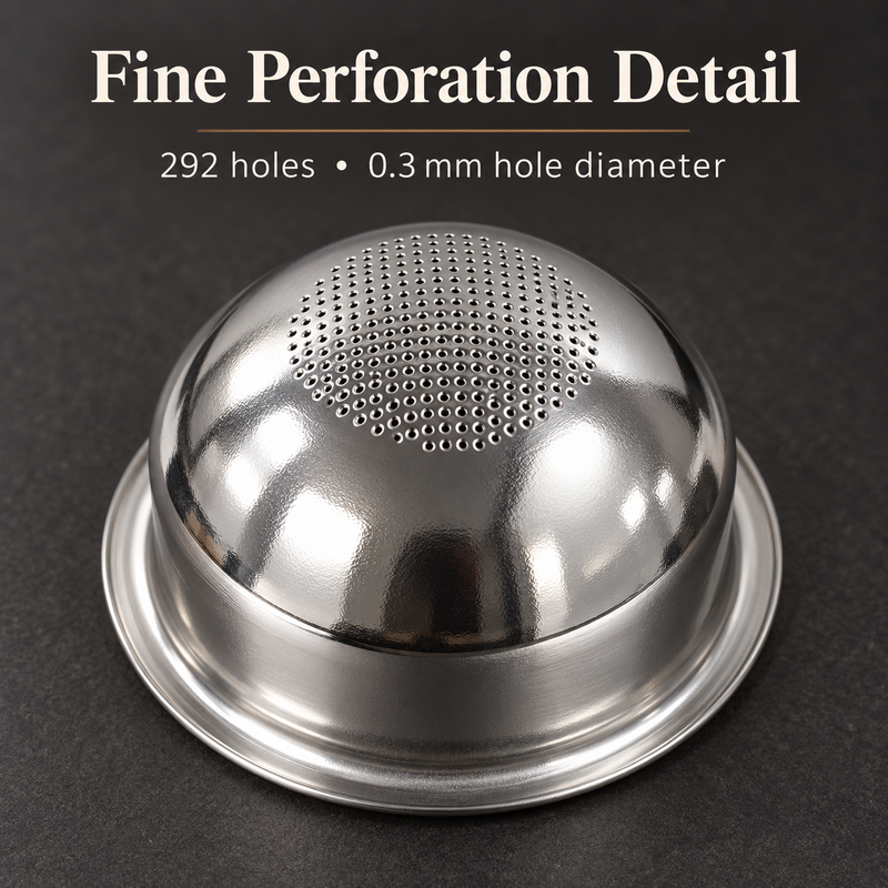 Close-up of the rounded basket underside with the central perforation area; specified as 292 holes of 0.3mm