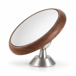 Yozcoffee walnut espresso shot mirror with adjustable silver stand on a white background