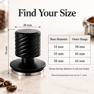 Tamper dimensions: 70 mm height, 38 mm handle, 51, 53 and 58 mm base diameters with corresponding flange sizes