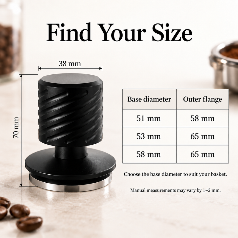 Tamper dimensions: 70 mm height, 38 mm handle, 51, 53 and 58 mm base diameters with corresponding flange sizes