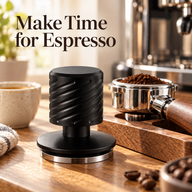 Black Yozcoffee espresso tamper beside a portafilter at a home coffee station