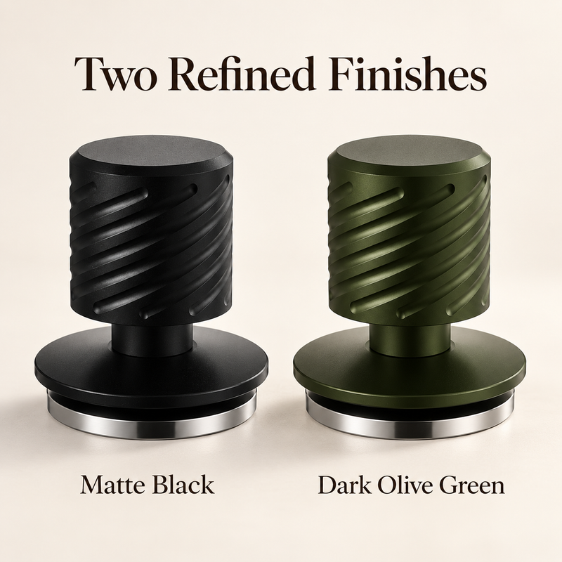 Yozcoffee spring-loaded espresso tampers in matte black and dark olive green